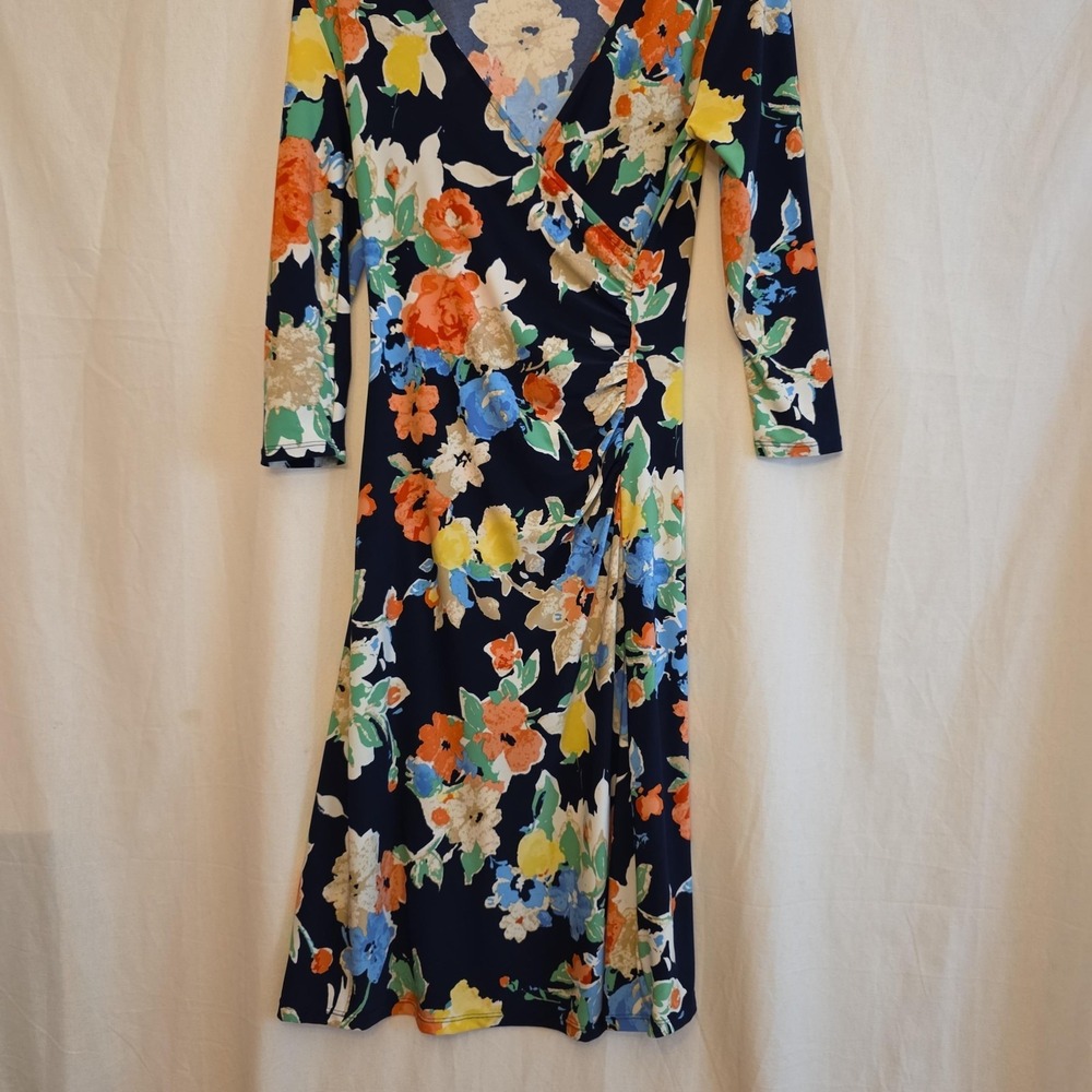 Lauren Ralph Lauren Dress Womens Petite XS Navy Floral Wrap Midi Jersey Ruched